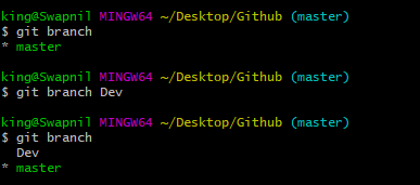 king@SwapniI MINGh'64 —/Desktop/Github (master)
S git checkout Dev
Switched to branch ' Dev'
king@SwapniI MINGW64 —/Desktop/Github (Dev)
S git branch
Dev
master